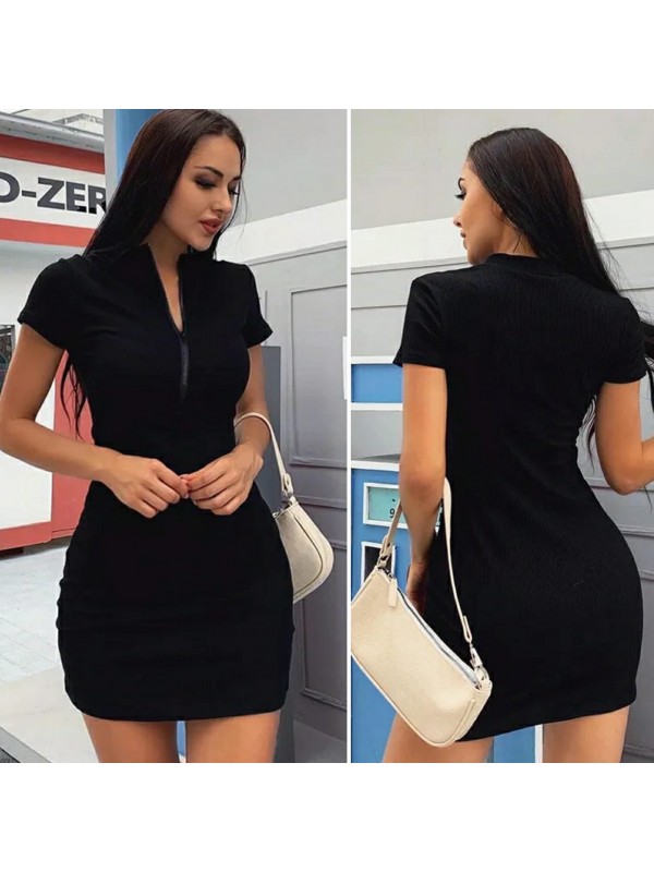 Kadın Kısa Kollu Fermuar Dekolteli Kaşkorse Kumaş Mini Elbise Siyah…