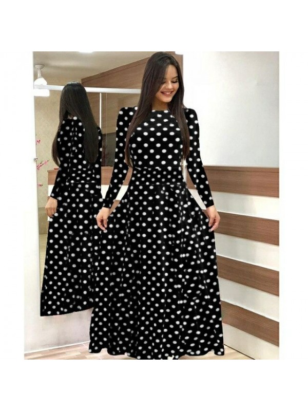 Kadın Krep Kumaş Uzun Kollu Tam Boy Puantiyeli Elbise 132 Cm Siyah…