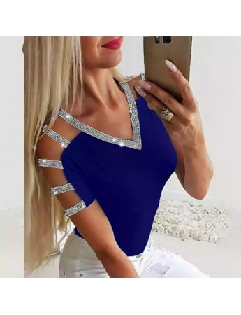 Kadın Kısa Kollu V Yaka Sim Detay Sandy Kumaş Bluz Saks Mavi