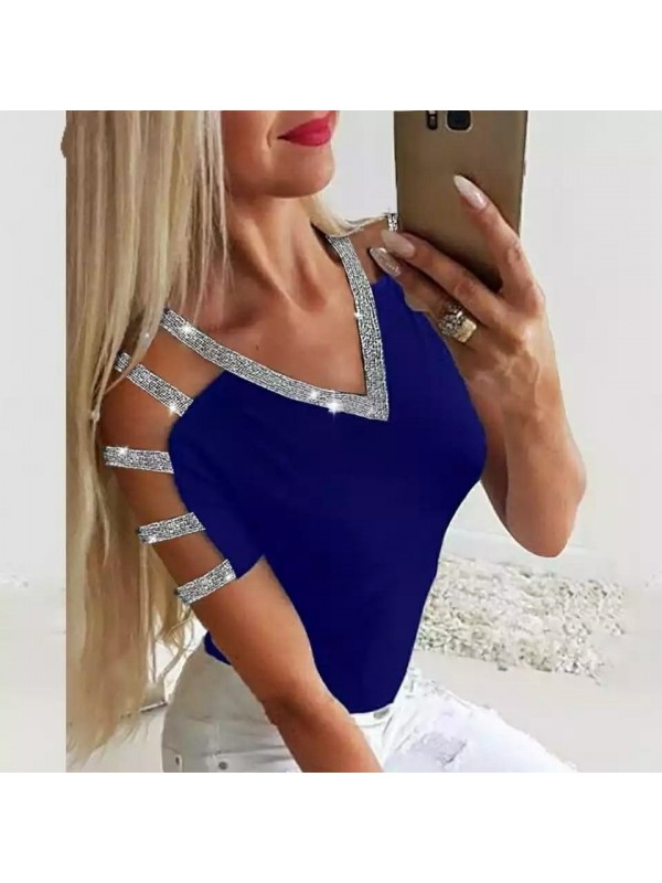 Kadın Kısa Kollu V Yaka Sim Detay Sandy Kumaş Bluz Saks Mavi…