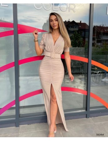 Kadın Kemerli Yırtmaç Detay Büzgülü Sandy Kumaş Elbise Krem Kadın Kemerli Yırtmaç Detay Büzgülü Sandy Kumaş Elbise Krem