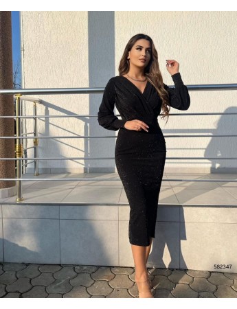Kadın Uzun Kollu Kruvaze Yaka Büzgü Ve Balon Kol Detay Simli Krep Kumaş Maxi Boy Elbise Siyah
