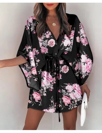 Kadın Oversize Dijital Baskılı Düğme Ve Bağcık Detay Mini Elbise Desenli