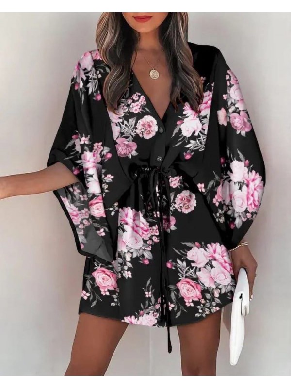 Kadın Oversize Dijital Baskılı Düğme Ve Bağcık Detay Mini Elbise De…