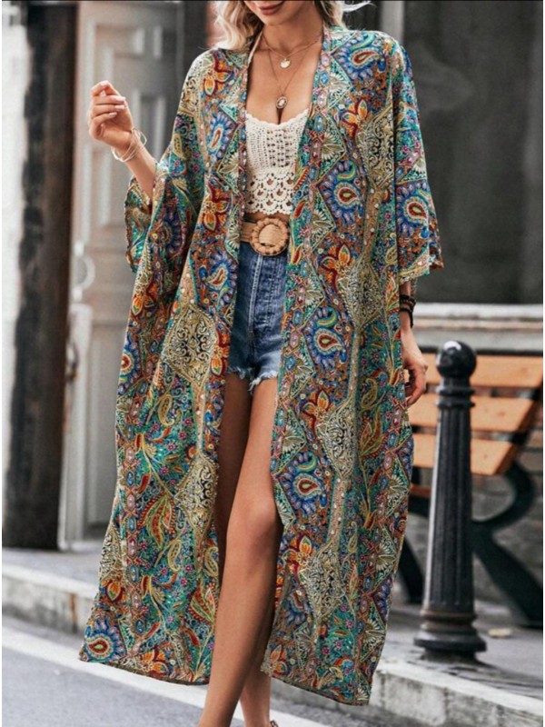 Kadın Etnik Desen Salaş Maxi Kimono Desenli…