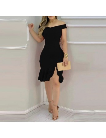 Kadın Kolsuz Madonna Yaka Fırfırlı Yırtmaç Detay Krep Elbise Siyah