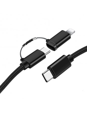 FitPlus 2in1 Type-C - Type-C+Lightning Data/Şarj Kablosu PD 3A 60W 1mt Siyah FT-UCA114