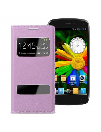 General Mobile Discovery S View Dikişli Deri Çift Pencereli Kılıf Pembe