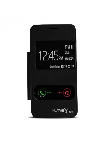 Huawei Y320 Çift Pencereli Flip Cover Siyah