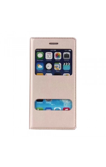 iPhone 6 / 6s S View Deri Dikişli Çift Pencereli Kılıf Gold…