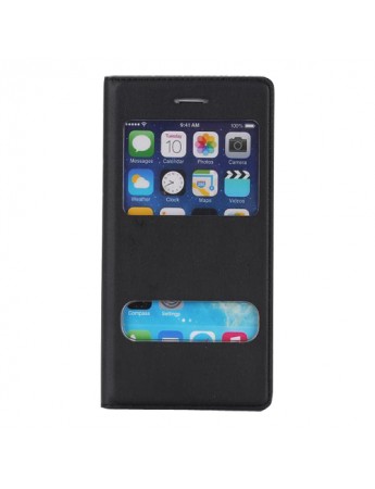 iPhone 6 / 6s S View Deri Dikişli Çift Pencereli Kılıf Siyah