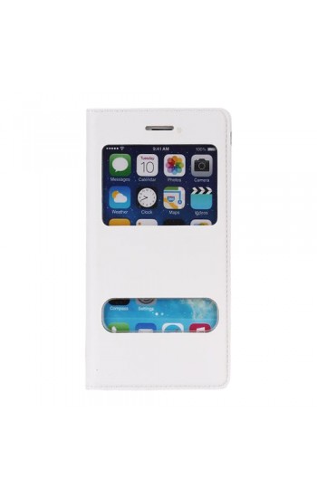 iPhone 6 Plus / 6s Plus S View Deri Dikişli Çift Pencereli Kılıf Beyaz…