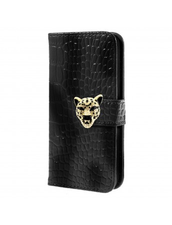 iPhone SE | 5S | 5 Leopar Taşlı Cüzdanlı Kılıf Siyah