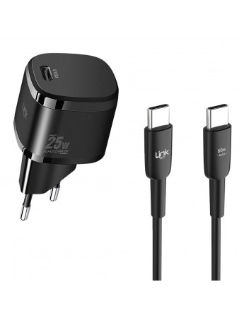 Linktech G826 Supper Silicon Tech 25W PD USB-C Şarj Aleti Type-C Kablo Set Siyah