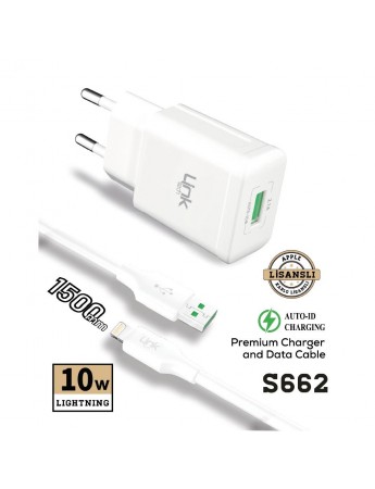 LinkTech S662 Premium Şarj Aleti ve Lightning MFI Lisanslı Kablo 1.5mt 10W 2.1A Beyaz
