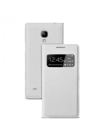 Samsung I9190 Galaxy S4 Mini S View Dikişli Deri Pencereli Kılıf Beyaz