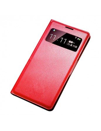 Samsung I9500 Galaxy S4 S View Dikişli Deri Pencereli Kılıf Kırmızı