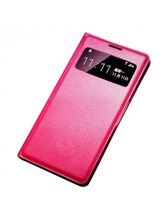 Samsung I9500 Galaxy S4 S View Dikişli Deri Pencereli Kılıf Pembe