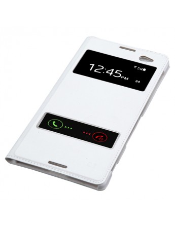 Sony Xperia C3 S View Dikişli Deri Çift Pencereli Kılıf Beyaz