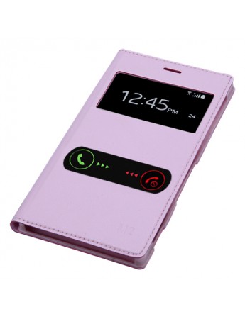 Sony Xperia M2 S View Dikişli Deri Çift Pencereli Kılıf Pembe