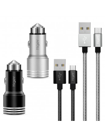 Tiger Metal Oto-Araç Şarj Aleti + Micro USB Hızlı Kablo 2.4A Çift USB  NT-014-M