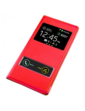 Vodafone Smart 4 Power 985 Dikişli Deri Pencereli Kılıf Kırmızı